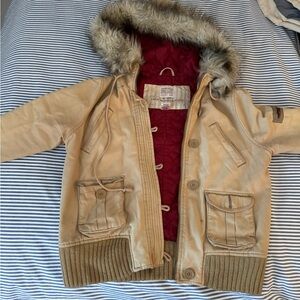 Vintage Abercrombie & Fitch Beige Jacket with Faux Fur and Red Lining Y2K